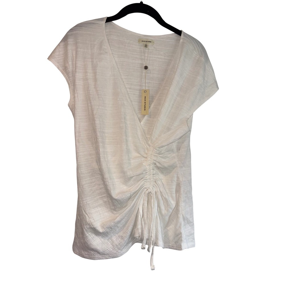 Max Studio‎ White Ruched Front V-Neck Top Casual Blouse Short Sleeve L